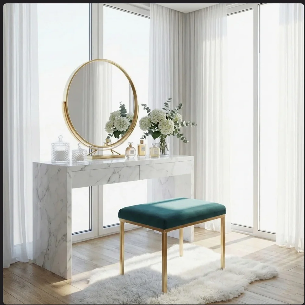 Rectangular Ottoman Footstool With Gold Metal Legs, Upholstered Accent Bench